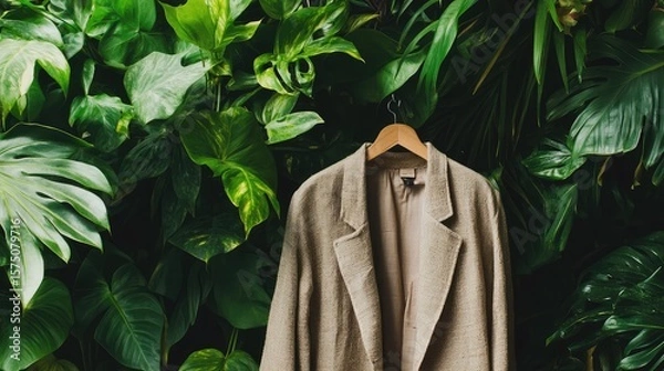 Obraz A brown jacket hanging on a hanger in a green leafy area