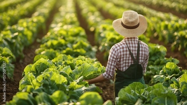 Obraz A man in a hat and overalls is standing in a field of lettuce
