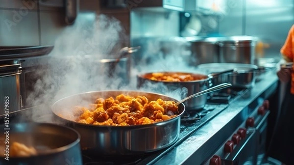 Obraz A pot of food is cooking on a stove