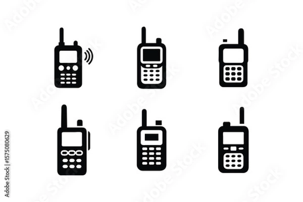 Fototapeta Collection of six black silhouette icons representing different types of portable two way radio devices
