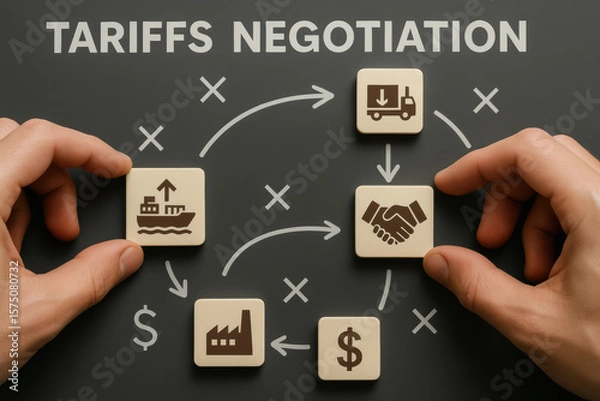 Fototapeta Tariffs negotiation concept with hands arranging wooden blocks representing shipping, handshake, factory, and money symbols in strategic flow
