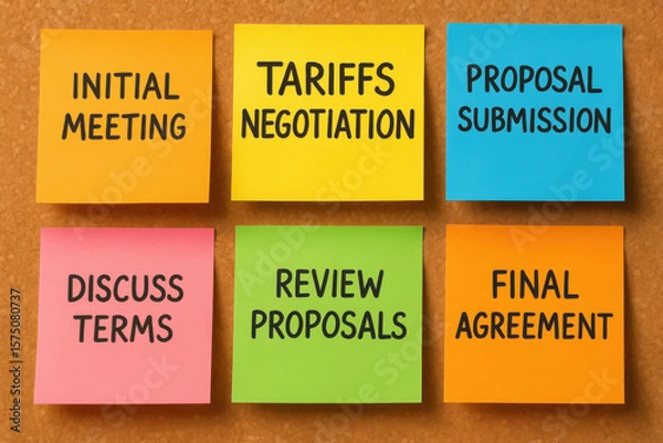 Fototapeta Tariffs negotiation process includes initial meeting discuss terms proposal submission review proposals and final agreement for successful