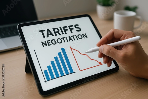 Fototapeta Tariffs negotiation concept on digital tablet with hand holding stylus pen analyzing business chart for economic strategy and trade policy