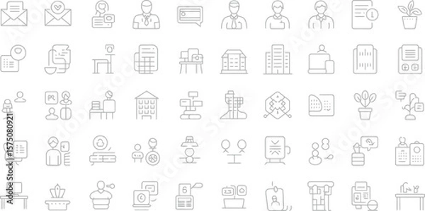 Fototapeta A collection of office and business related line art icons arranged in a grid pattern