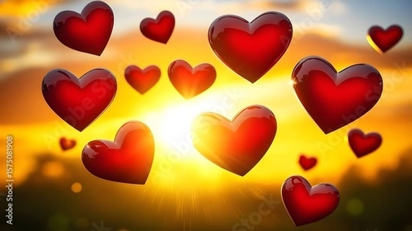 Obraz Romantic Sunset with Glowing 3D Hearts