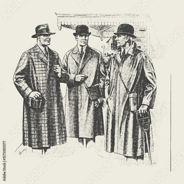 Fototapeta A vintage black and white illustration of three well-dressed men in stylish overcoats and hats, engaged in conversation outdoors.
