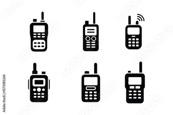 Fototapeta Collection of six distinct black silhouette icons representing various types of portable two way radios and walkie talkies