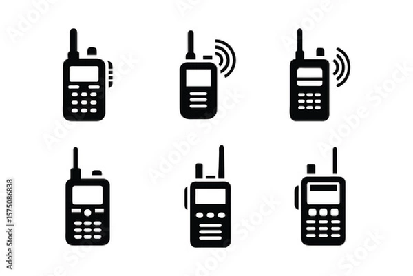 Fototapeta Collection of six distinct black silhouette icons representing portable two way radios or walkie talkies on white background