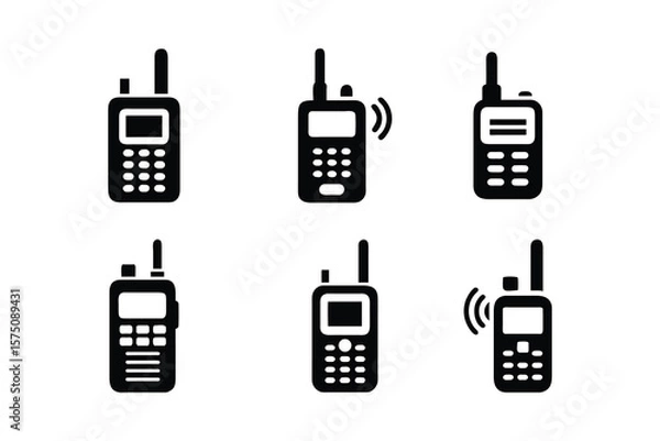 Fototapeta Collection of six black silhouette icons representing different walkie talkie models and communication signals
