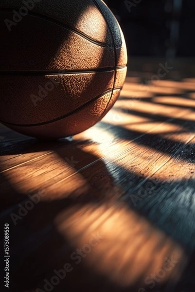 Fototapeta A sports equipment baskeball ball sits poised on a wood court surface, illuminated by sunlight, with dark background and sharp details.