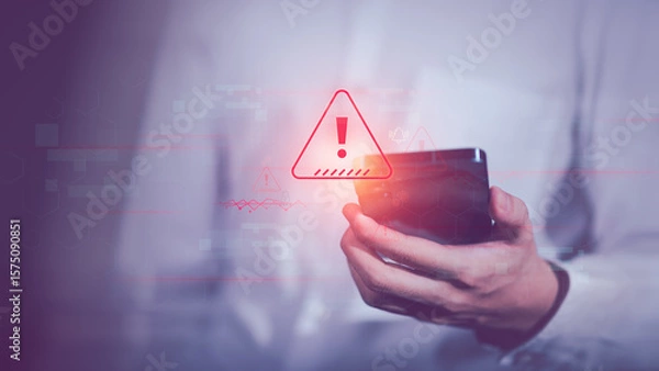 Fototapeta Programmer and virtual icons , exclamation mark ,alarm,computer virus detected ,danger warning concept or information error that should be urgently fixed and repaired ,Notification of security issues
