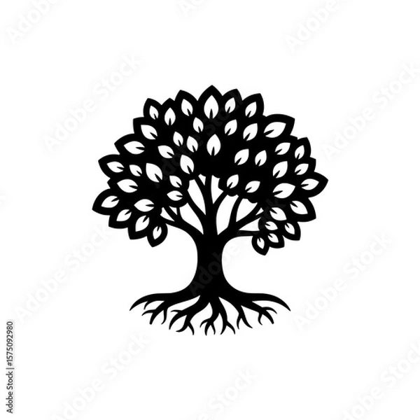 Fototapeta Tree silhouette with detailed leaves and roots suitable for various uses