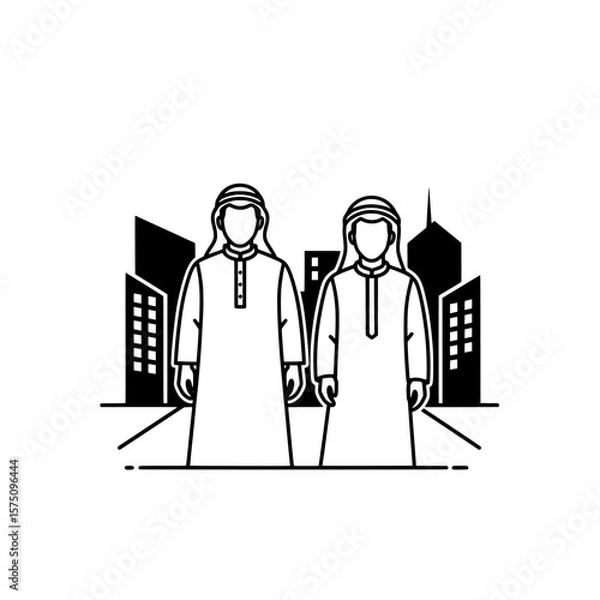 Fototapeta Two figures in traditional attire with urban backdrop in monochrome style