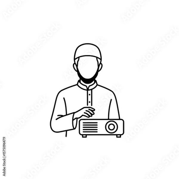 Fototapeta Man holding a projector with a neutral background for presentations or events