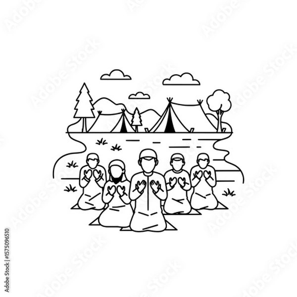 Fototapeta People meditating by a lake with trees and mountains in the background