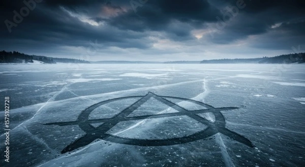 Fototapeta Frozen lake canvas displaying symbol of chaos and defiance beneath a clouded horizon