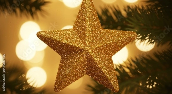 Fototapeta Golden glitter star shining bright amidst the blurry lights on a christmas fir tree branches