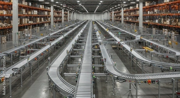 Fototapeta Logistics hub showcasing advanced conveyor system and automated distribution processes