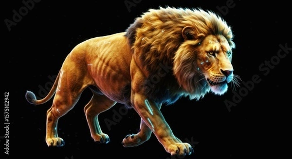 Fototapeta Majestic lion illustrated with glowing lines, a symbol of strength and courage on a dark background