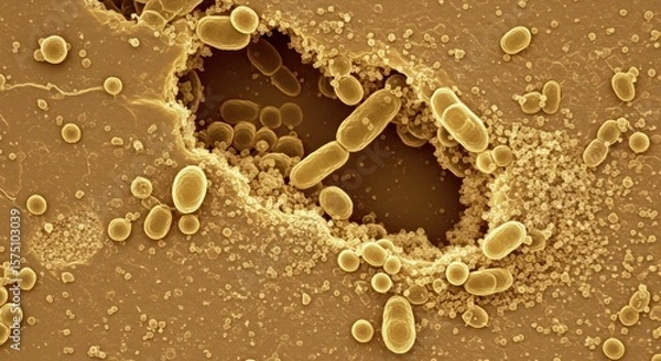Fototapeta Microscopic lifeforms colonizing substrate surface revealing detailed microbial activity