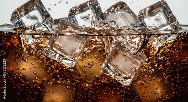Fototapeta Refreshing splash with ice cubes, perfect for summer drink advertising or product promotion,
