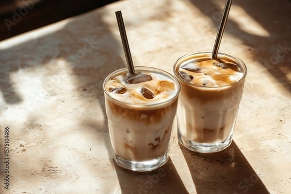 Fototapeta Refreshing iced coffees with metal straws on a sunlit table, perfect for a warm day. Enjoy a chilled beverage in style.