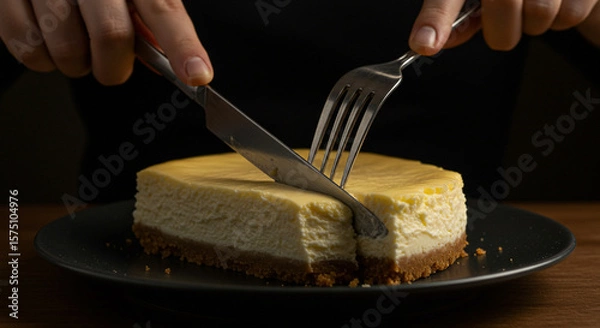 Fototapeta Close-up of a person’s hands cutting into a slice of cheesecake