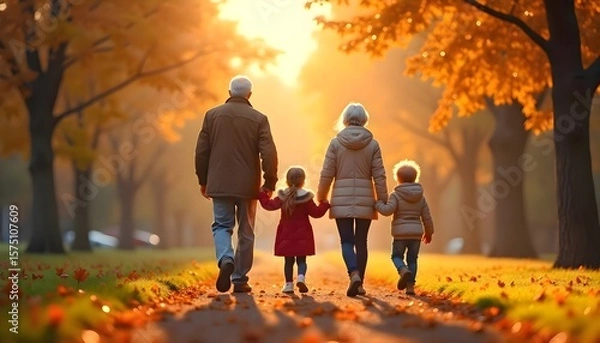 Fototapeta Grandmother and grandpa with grandson and granddaughter walking down a path together in a city park during a sunny day surrounded by trees, grass and natural scenery