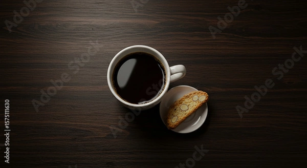 Fototapeta Cup of black coffee in a dark wooden table, with a biscotti on the side