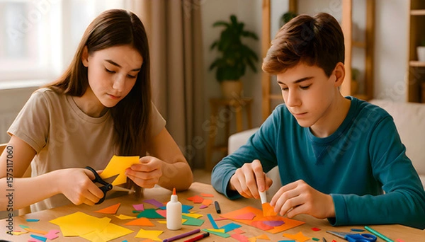 Fototapeta Two children sitting at a table making crafts together with colorful paper and tools, engaging in creative fun during an indoor art activity