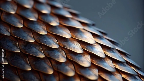 Fototapeta A close up view of overlapping metal scales creating a textured pattern surface