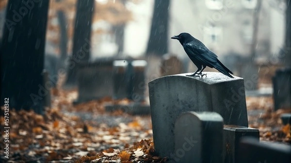 Fototapeta A crow perched atop a tombstone in a graveyard scene on a rainy autumn day view