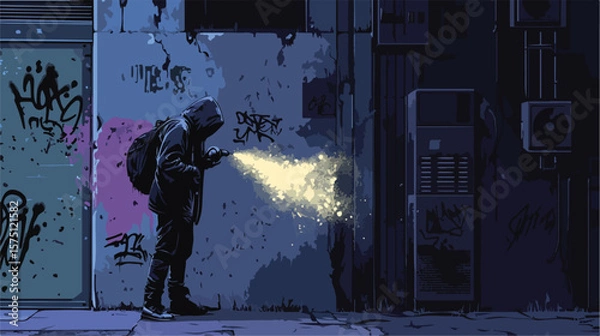 Obraz Hooded Hooligan Spraying Graffiti on Dirty Building