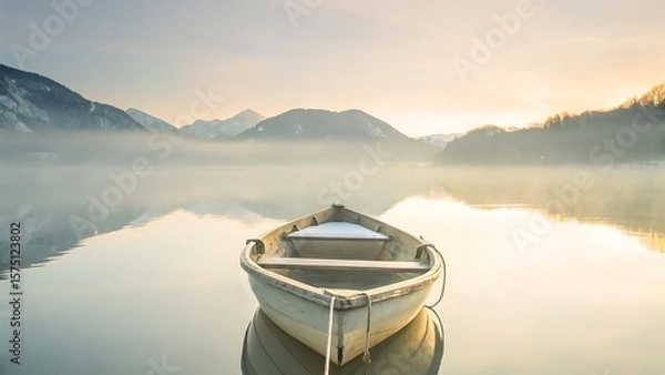 Fototapeta Rowboat floating on a misty lake with mountains in the background at sunrise