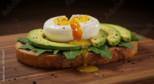 Fototapeta Sandwich with boiled egg, avocado, and arugula, on a rustic wooden