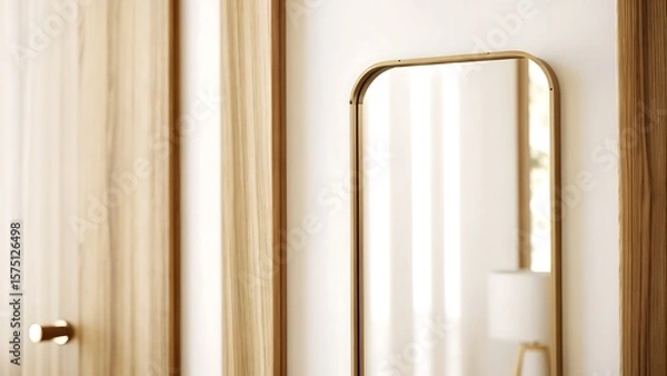 Fototapeta A close up of a mirror and a wooden door in a bright and airy room setting