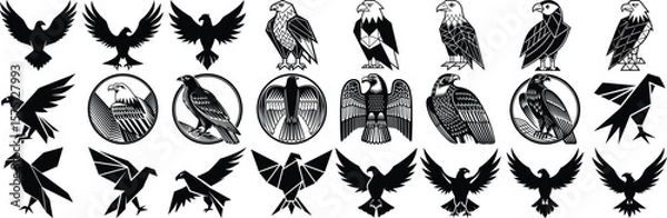 Obraz A collection of diverse black and white eagle vector illustrations representing strength and freedom suitable for logos and designs