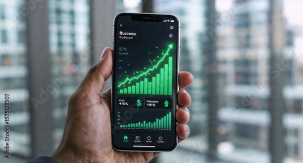 Obraz Close-up of man's hand holding mobile phone showing business dashboard app displaying company growth chart with upward green arrow and positive results. Concept of financial success for businesses