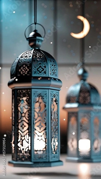 Fototapeta Close up of ornate lanterns hanging with a crescent moon in the background view