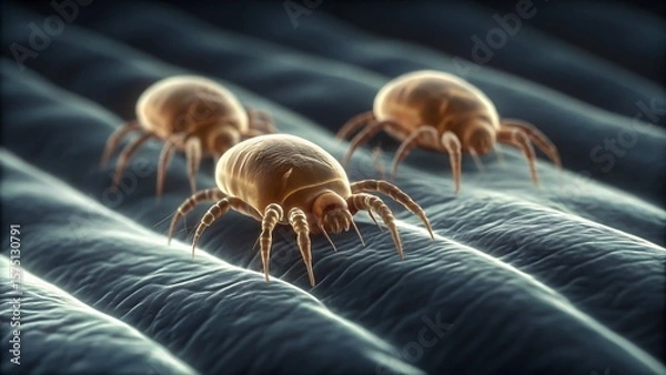 Fototapeta Close up of three dust mites crawling on fabric with detailed textures visible