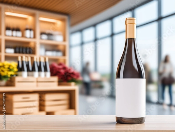 Fototapeta Elegant wine bottle with blank white label on wooden counter in upscale wine shop, golden cap and shelf display, ideal for branding, product mockup, and retail advertisement