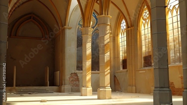 Fototapeta Interior view of an old church with arched windows and stone columns and light beams