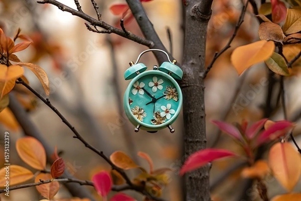 Fototapeta A floral clock hanging on a tree branch surrounded by colorful autumn leaves