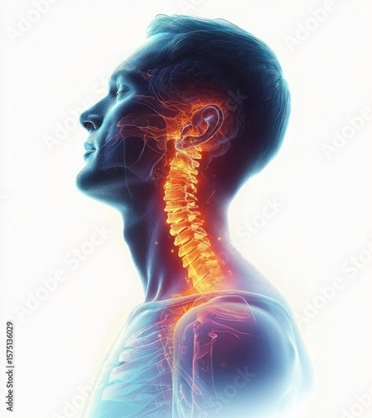 Fototapeta 3D rendered medical illustration of human neck and spine highlighting cervical vertebrae and spinal cord with glowing effect against a light background