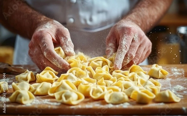 Fototapeta Hands dusted with flour shaping fresh homemade tortellini pasta on a wooden board covered with flour in a warm kitchen setting