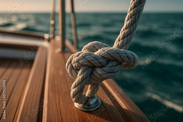 Obraz Sailing rope tied securely to a cleat on a wooden deck during a calm sunset at sea