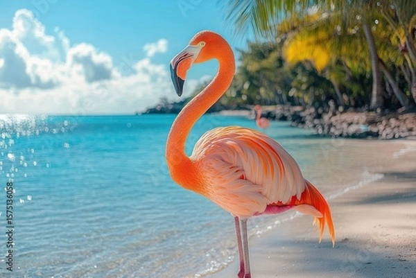 Fototapeta Bright orange flamingo standing on a sandy tropical beach near turquoise calm ocean water under a sunny blue sky with palm trees in the background