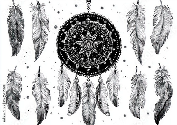 Fototapeta Intricate black and white dreamcatcher with detailed circular patterns surrounded by individual delicate feathers floating against a white background, evoking calm and mindfulness