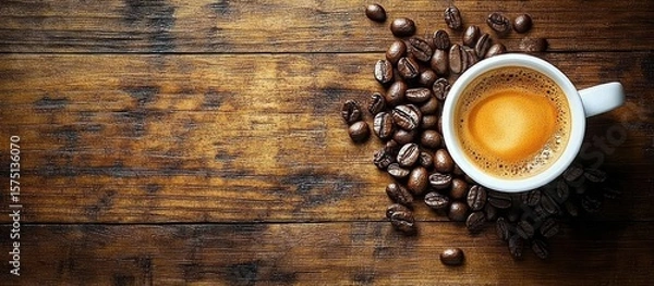 Fototapeta White cup filled with fresh espresso surrounded by scattered roasted coffee beans on rustic wooden surface evoking warmth and comfort