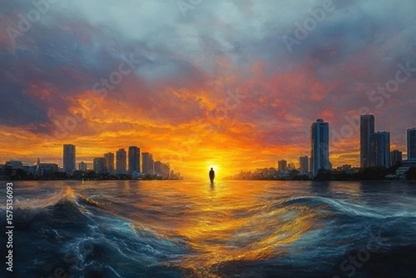 Fototapeta A lone figure standing in the middle of a waterway facing a vibrant orange and yellow sunset with dramatic clouds and a city skyline on both sides